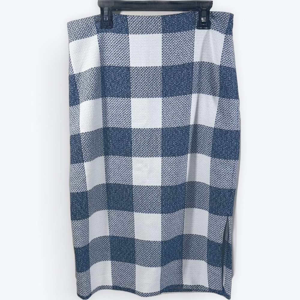 Banana Republic Elegant Navy and White Checkered Plaid Pencil Skirt White Blue 2